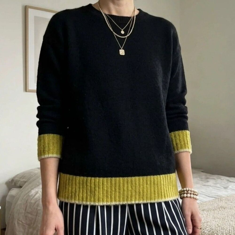 Vanessa Bruno Ribbed Navy with Yellow Band Wool/Alpaca Blend Sweater~$334